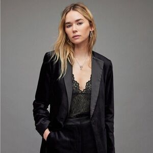 AllSaints Sofia Velvet Blazer 4 Black Satin Trim Lapel Jacket Padded Shoulders